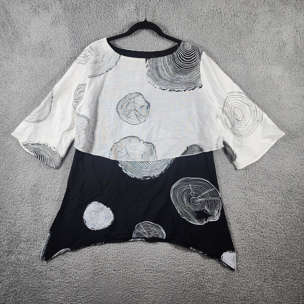 Radzoli Tunic Top Womens L White Black Tree Ring Print Layered Lagenlook Artsy